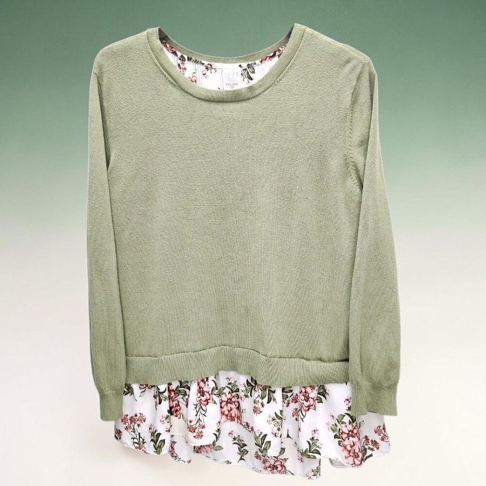 Time and Tru Lagenlook Sweater Womens XXL 20 Green Floral Split Back Cottagecore